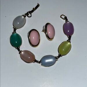 Vintage Trifari Multicolor Faux Gemstone Bracelet and Earring Set